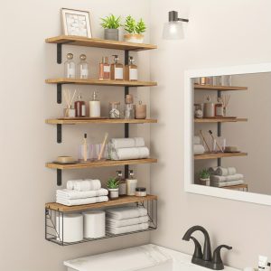 Superlele 5+1 Tier Floating Shelves, Rustic Brown Bathroom Shelf Over Toilet, Wall Shelf, Floating Shelves With Metal Basket, Shelf Toilet Paper Storage, Wall Mounted Shelf, For Bathroom, Living Room, Bedroom And Kitchen Wall Decoration And Storage.