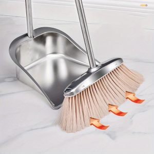 Extra Thick Stainless Steel Dustpan and Broom Set - Durable, Long Handle, Perfect for Bedroom, Bathroom & Kitchen Cleaning - Essential Household Cleaning Tools