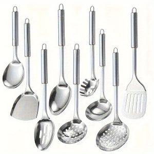 9-Piece Stainless Steel Kitchen Utensil Set - Cooking & Serving Tools, Non-Stick, Dishwasher Safe, Essential Accessories for Home Chef