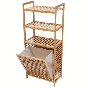 4-Tier Laundry Hamper Bamboo Bathroom Cabinet Organizer Multipurpose Folding Dirty Clothes Storage Basket Shower Caddy Shelf Rack Bamboo Laundry Basket Toiletries Towels For Dorm Rooms Condos  Apartments