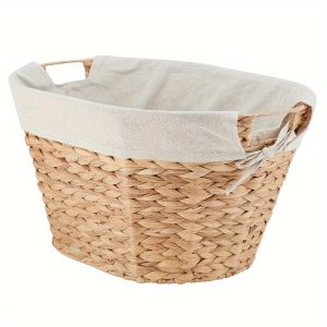 Hand woven natural water hyacinth laundry basket - perfect for storing bathroom essentials, blankets, toys, etc