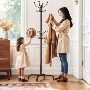 Adjustable Wooden Coat Rack with 14 Hooks - 4 Height Options, Sturdy Display Rack for Hats and Clothes in Retail Stores, Ideal for Industrial and Scientific Environments.