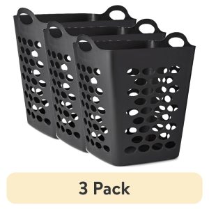 3 pack Mainstays Flexible Plastic Square Black Laundry Hamper, 20