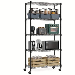 MZG 5 Tier Storage Rack Metal Wire Shelving Unit With Wheels, Storage Standing Shelf Organizer For Laundry Bathroom Kitchen Pantry Closet Garage Basement Office, Black 13.8