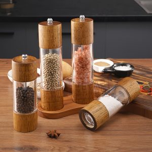 4Pcs Acrylic Salt and Pepper Grinder Set, Manual Salt and Pepper Mills- Wooden Shakers with Adjustable Ceramic Core-Salt Grinder and Pepper Mill -8 Inch, with two cleaning brush and spoon