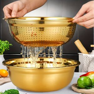 3PC/Set Colander Set Stainless Steel Vegetable Slicer Fruit Potato Peeler Carrot Grater Strainer Utensil Round Rice Washer Bowl Drain Basket-Gold