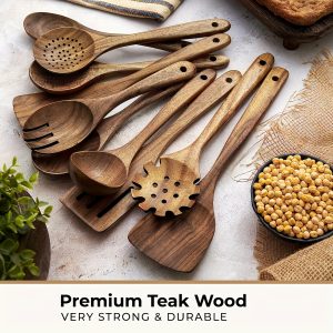 10pcs Premium Teak Wood Cooking Utensil Set - Non-Stick Friendly, Heat-Resistant, Ergonomic Handles For Comfortable Grip - Ideal For Stirring, Baking, Serving, And Cooking With Ease