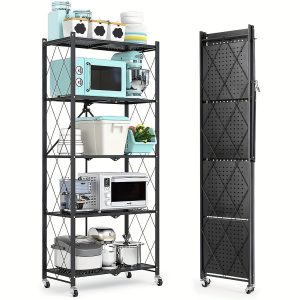 5-Tier Rolling Storage Shelves, Foldable Metal Shelving Unit, Black, Garage, Kitchen, Basement Pantry Organization