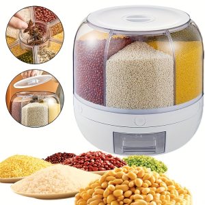 1 Piece 6-Grid Rotating Food Dispenser - 360?? Round Barrel Sealed Cereal Container - Transparent Rice Kitchen Storage Container - White Dry Food Fruit Storage Box For Home Kitchen Storage